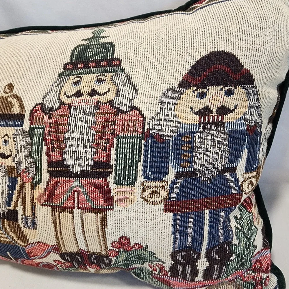 Nutcracker Tapestry Lumbar Pillow Green Velvet Back Christmas Holiday Decor